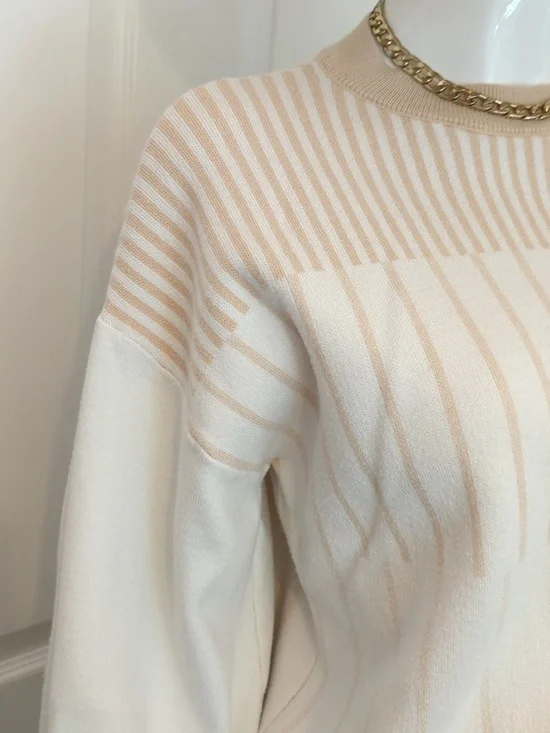 Cream & Tan Striped Crewneck Sweater Loose Relaxed Fit Small - Picture 11 of 13